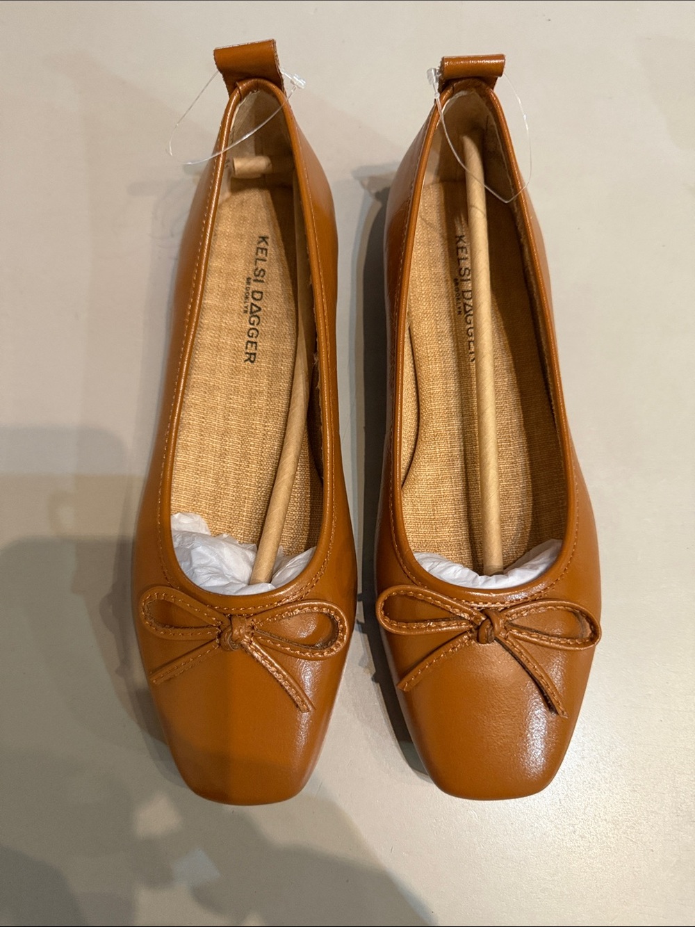 Kelsi Dagger Cognac Bow Square-Toe Ballet Flats